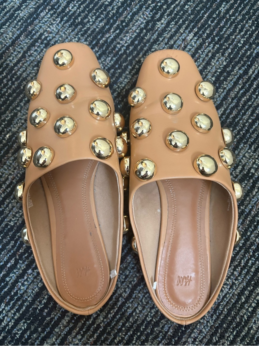 H&M Tan Slip-On Flats with Gold Stud Embellishments